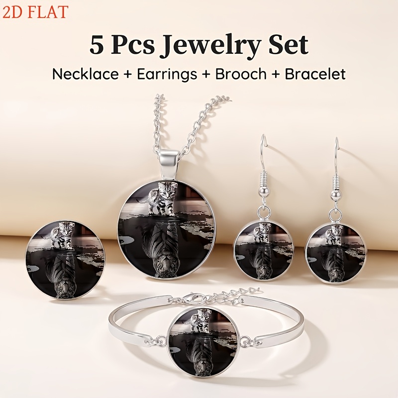 5pc Kitten & Tiger Reflection Pattern Women's Necklace, Earrings, Brooch, Bracelet Set